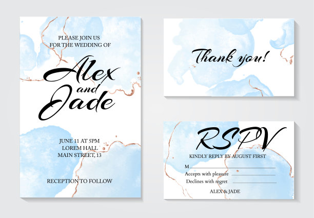 一套3问候水彩模板:婚礼邀请卡，谢谢和rspv卡。现代柔和的蓝色流体墨水与金色线条装饰元素。抽象的图纸设计图片下载