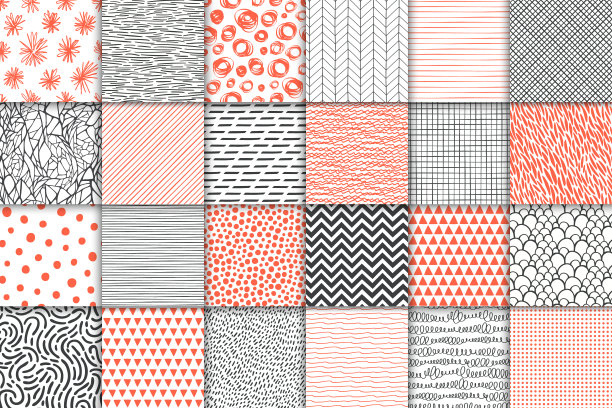 抽象手绘几何简单简约无缝图案集。圆点，条纹，波浪，随机符号纹理。矢量图图片下载