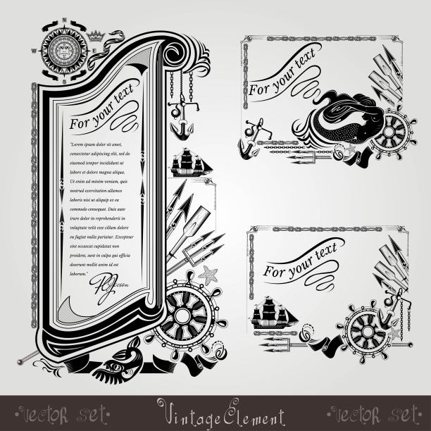 三个海军旗帜或标签与古董武器和海上装备雕刻风格图片下载