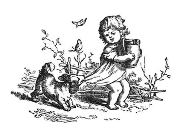 古董儿童图画书插图-狗拉小女孩的衣服图片下载