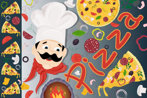 封面背景插图，以意大利披萨美食为主题，为装饰和配料设计贴纸图片下载