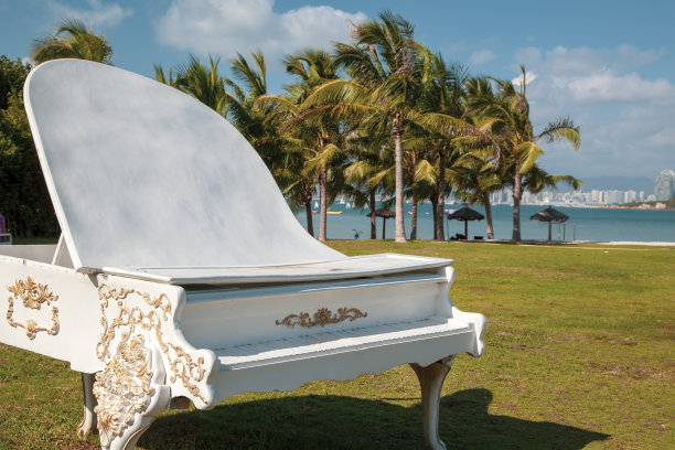 白色钢琴在海边，音乐在大自然，大钢琴在海边图片下载