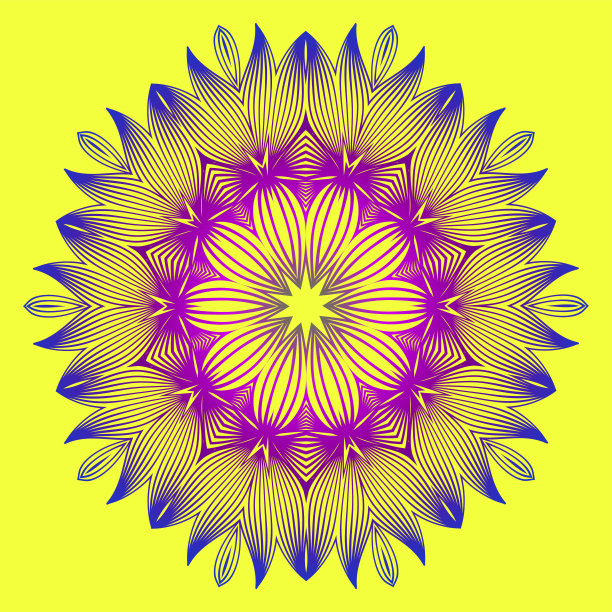 圆形图案花曼荼罗。圆花点缀。图例装饰矢量插图。黄色紫色图片下载