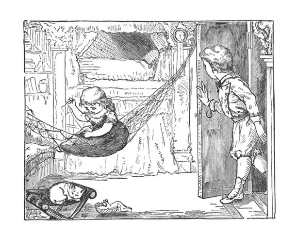 古色古香的儿童图画书插图——女孩坐在吊床上缝着，哥哥看着，猫睡着了图片下载