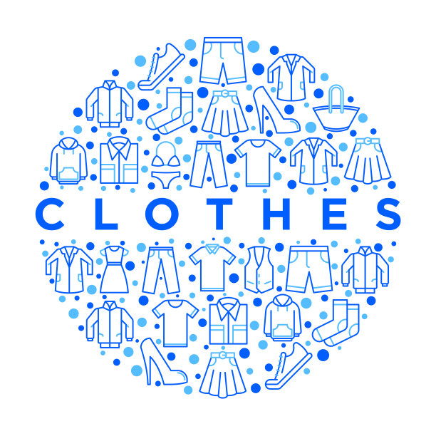 服装概念在圆与细线图标设置:衬衫，鞋子，裤子，帽衫，运动鞋，短裤，内衣，连衣裙，裙子，夹克，外套，袜子。现代矢量插图，打印媒体模板。图片下载