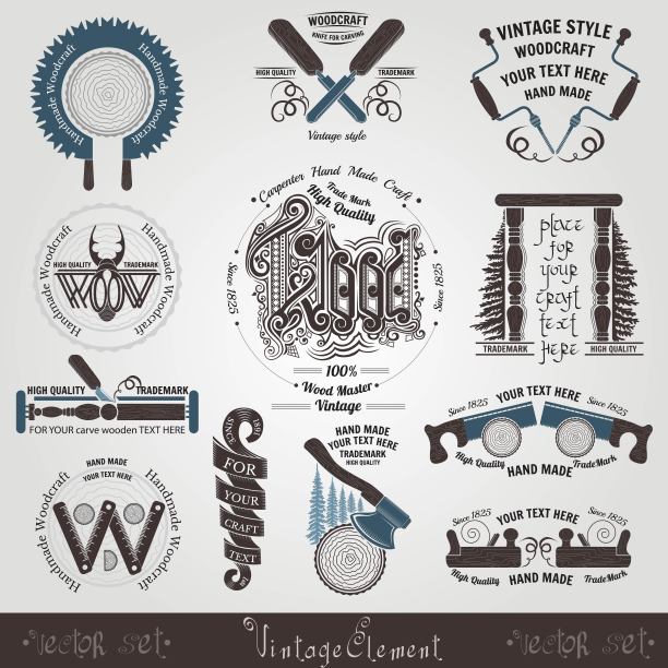 设置木工和木匠标签和标识在雕刻风格图片下载