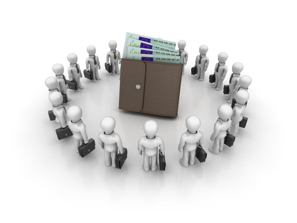 团队商务人员与欧元钞票钱包- 3D渲染图片下载