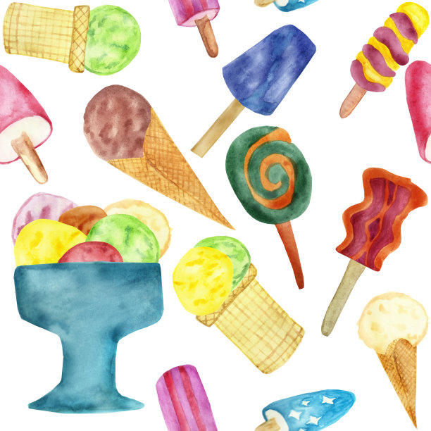 水彩手画无缝图案与蓝色杯彩色冰淇淋球粉红色，红色，黄色，绿色，米黄色和棕色的颜色，冰淇淋在一个棒和一个角，收集如果甜蜜的夏天图片下载