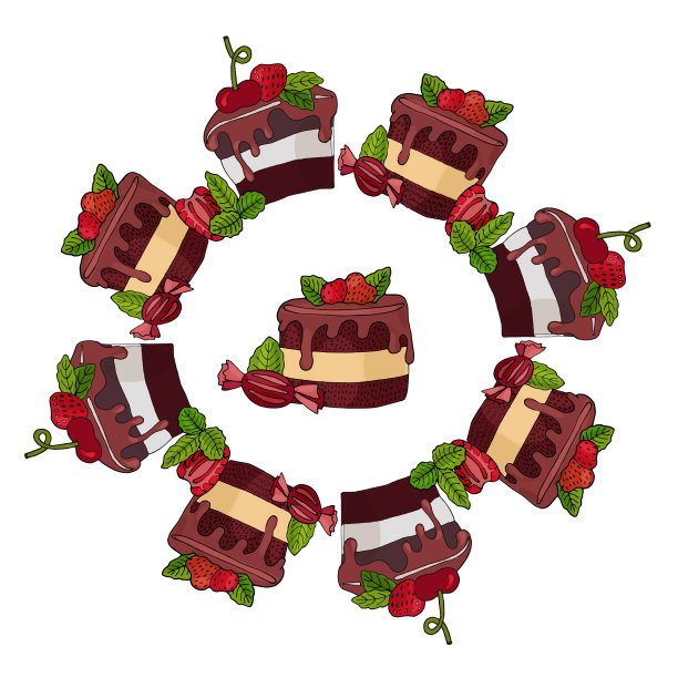 圆框与甜蛋糕与浆果和薄荷叶孤立图片下载