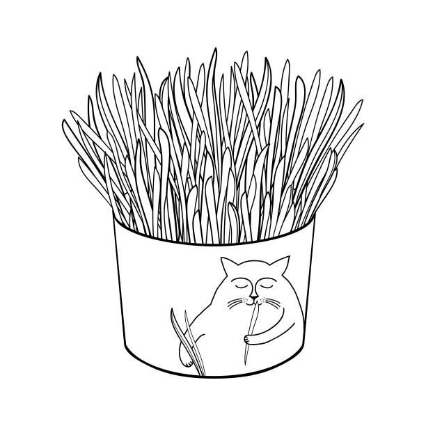 矢量图轮廓猫草猫和家养宠物在圆形花盆在黑色孤立在白色的背景。图片下载