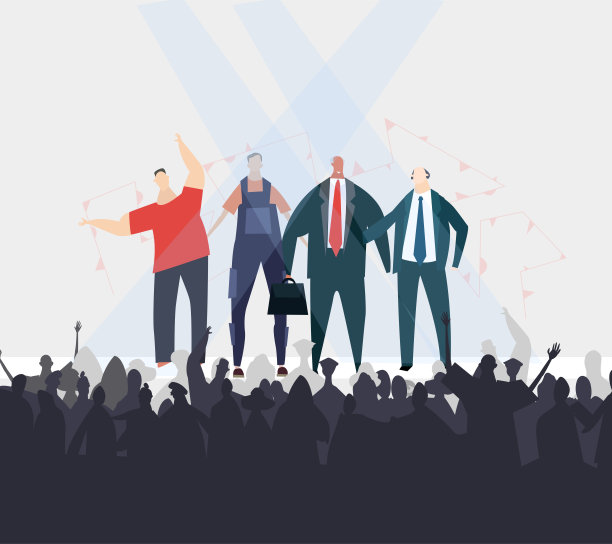 商业人士在舞台上在人群面前谈论商业。平面设计人的性格在色彩缤纷的衣服。图片下载