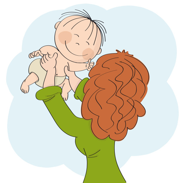 年轻的妈妈和她的小婴儿玩耍，把他或她的手高举在空中。孩子开心地笑着。原始手绘插图。图片下载