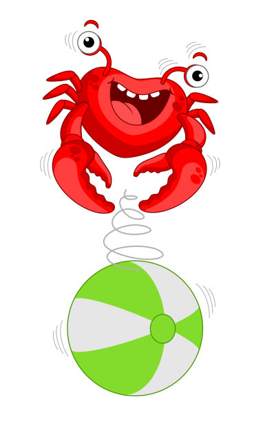 红色的螃蟹在球上跳，有趣的螃蟹在玩球。矢量插图-螃蟹在白色的背景图片下载