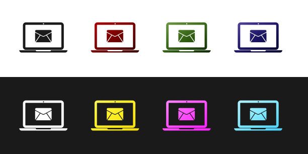 将笔记本电脑与信封和打开的电子邮件的屏幕图标隔离在黑白背景上。电子邮件营销，网络广告概念。矢量图图片下载