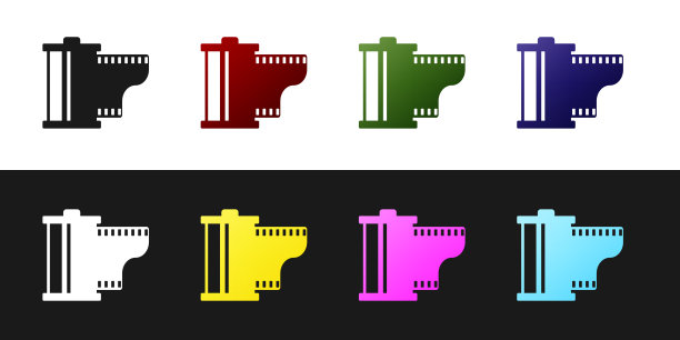 设置相机复古胶卷墨盒图标隔离在黑色和白色背景。胶片夹图标。35毫米电影罐。幻灯片摄影设备。矢量图图片下载