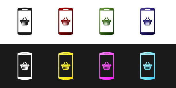 设置购物篮在屏幕智能手机图标孤立的黑白背景。概念电子商务、电子商务、网上商务营销。矢量图图片下载