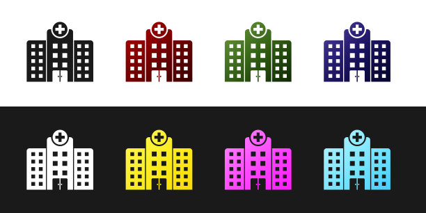 设置医院建筑与十字图标隔离在黑色和白色背景。医疗中心。卫生保健。矢量图图片下载