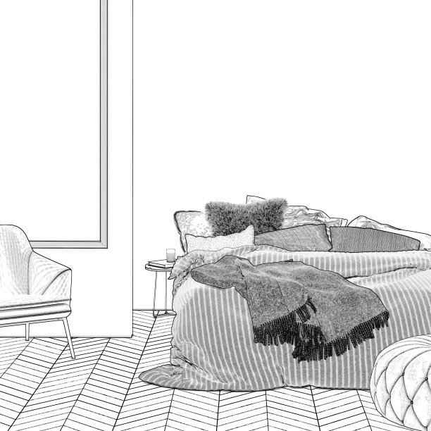 带有模拟墙的现代卧室草图图片下载