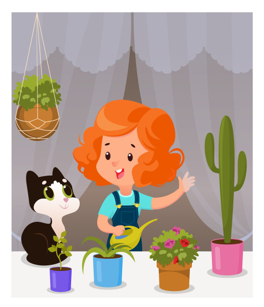 女孩孩子和猫照顾家庭植物，卡通矢量插图图片下载