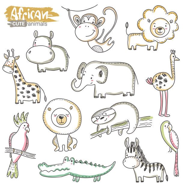 矢量组的卡通非洲动物。色彩斑斓的丛林集合图片下载