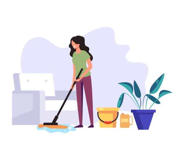 女管家家庭主妇清洁公司工人清洁房间的地板。清洁服务理念。矢量平面设计卡通插图图片下载