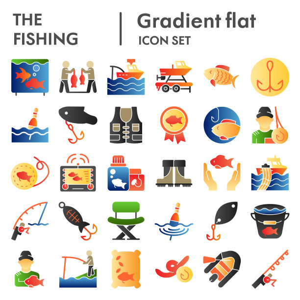 钓鱼平面图标集，渔民符号收集，矢量草图，标志插图，垂钓者标志颜色梯度象形图包装孤立在白色背景，eps 10。图片下载