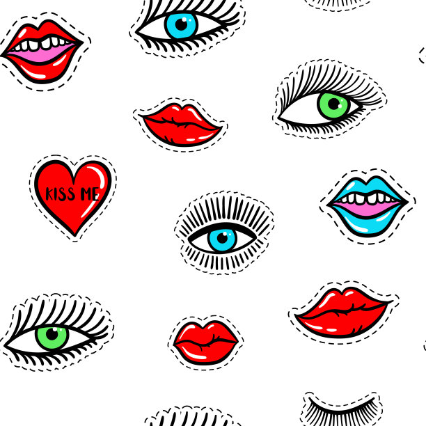 手绘时尚眼罩，红唇，心形无缝图案。矢量美插图的睁开和闭上眼睛为卡，衣服，背景。波普艺术贴纸，补丁，别针，徽章八九十年代风格图片下载
