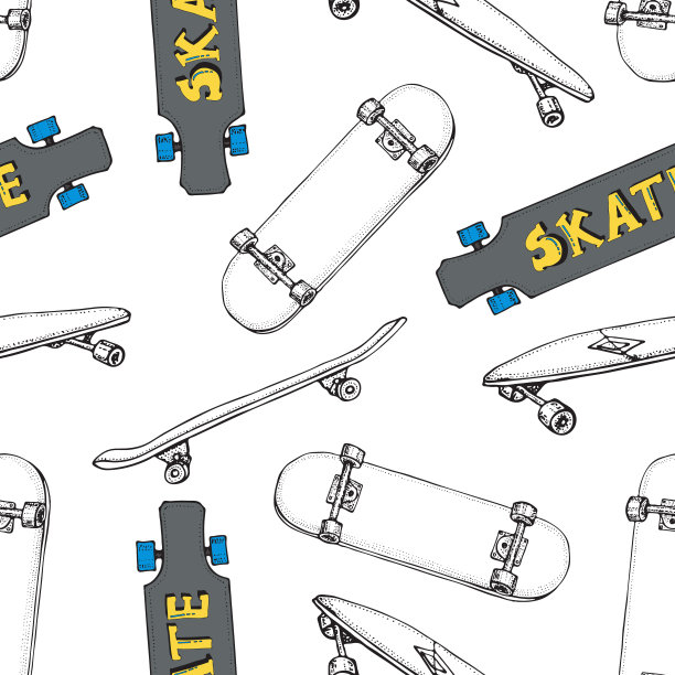 滑板无缝模式。涂鸦冲浪老手,pennyboard。刻字滑板。手绘矢量插图海报，t恤，纺织品图片下载