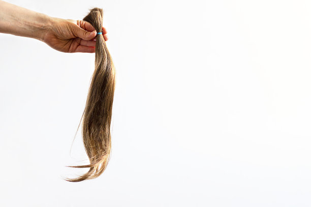 白色背景上，手握捐献的金色长发，用丝带系紧，为癌症患者准备。制作假发的天然材料。水平与复制空间。图片下载