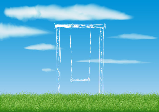 青草地、蓝天白云为背景的儿童荡绳素描图片下载