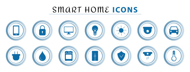 一套智能家居线图标，无线温光控制，空调，安全。家电物联网。智能家居自动化系统技术。平的插图图片下载