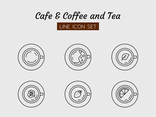 线条图标符号集，咖啡和茶咖啡顶视图饮料饮料，柠檬，草莓，玫瑰，孤立的平面轮廓矢量设计图片下载