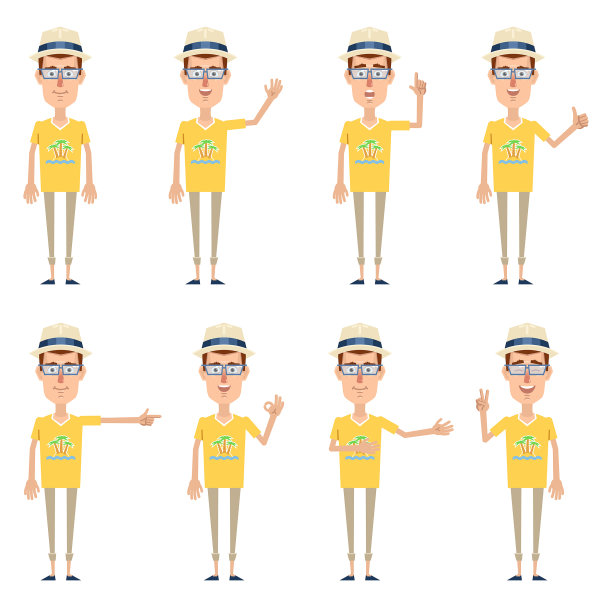 一组显示不同手势的游客字符。愉快的游客伸出大拇指，胜利的手，问候，挥手，向上指，这样图片下载