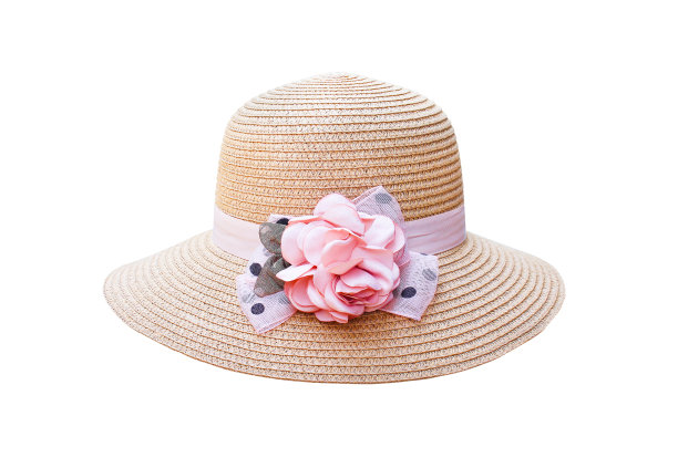 妇女帽子与彩色的粉红色织物花图案孤立在白色的背景与裁剪路径图片下载