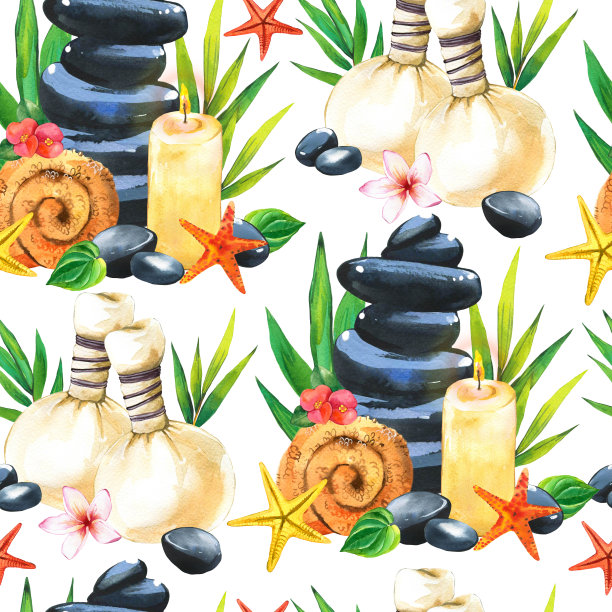 SPA水彩无缝图案。身体和脸部的插图有多种手段:毛巾、鲜花、按摩袋、石头、油、蜡烛、竹枝。化妆品对女人。放松在沙龙图片下载