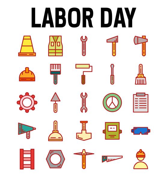 劳动节工人矿工矢量平面彩色图标集。包含如工人，劳工，矿工，锯，头盔，夹克和更多。可编辑的笔画和颜色。图片下载