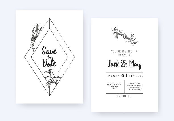 极简主义的婚礼请柬模板设计，钻石宝石和树叶线条艺术水墨画在白色图片下载