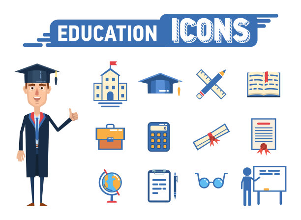 一套教育主题的图标。大学，毕业帽，书，尺子，计算器，书包，地球仪，文凭，白板，书，纸架，眼镜图片下载