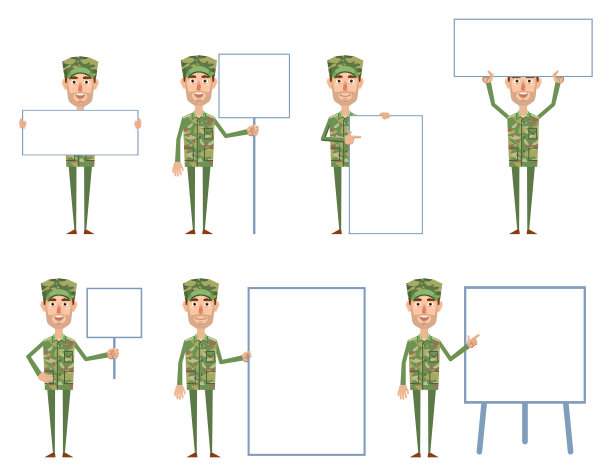 一组军人人物摆出不同的空白横幅。兴高采烈的士兵拿着纸、标语牌、海报，指着白板。做广告，宣传，教育图片下载