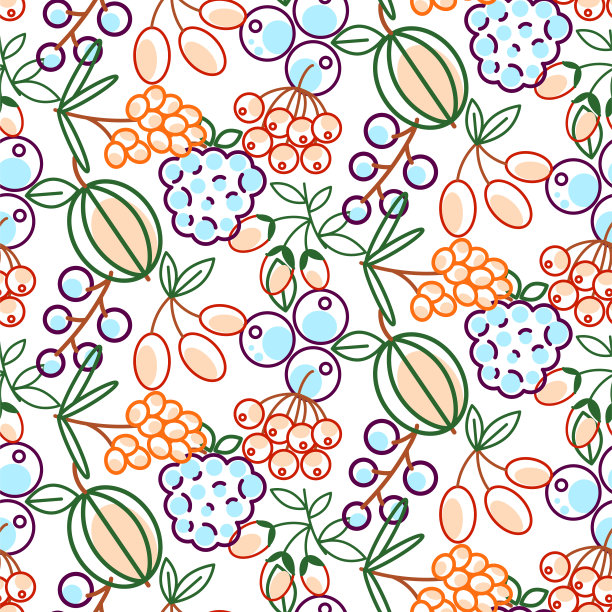 浆果无缝矢量模式。食物轮廓浆果图标重复包装鲜红色纹理。图片下载