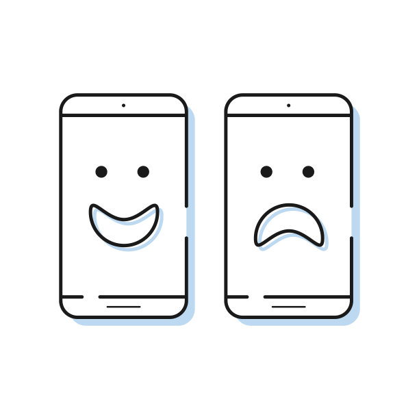 两个简单线条风格的智能手机图标。概述手机矢量。移动设备上快乐和悲伤的面孔。图片下载