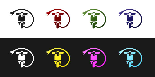 设置电动滑板车图标孤立的黑色和白色背景。矢量图图片下载