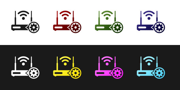 设置路由器和wi-fi信号和齿轮图标隔离在黑白背景。调整app，服务理念，设置选项，维护，维修，固定。矢量图图片下载