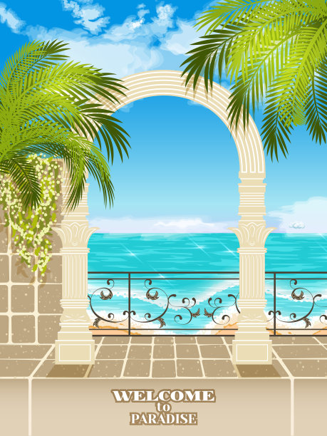 通过拱门通向大海。大海和棕榈树的拱门。图片下载