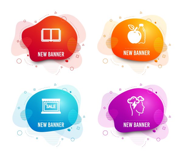 销售、苹果和书籍的图标。念力压力的迹象。购物商店，减肥食品，网络学习课程。云风暴。向量图片下载