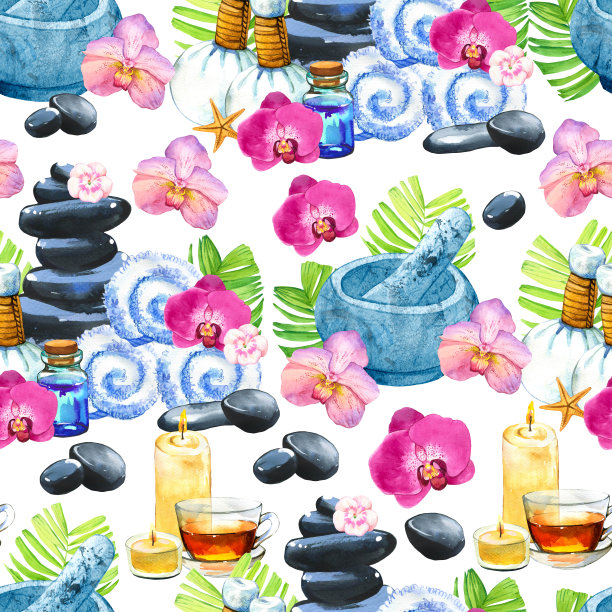 SPA水彩无缝图案。身体和脸部的插图:毛巾、花、石头、油、棕榈、兰花、茶、臼、蜡烛、洗液。化妆品对女人。放松在沙龙图片下载