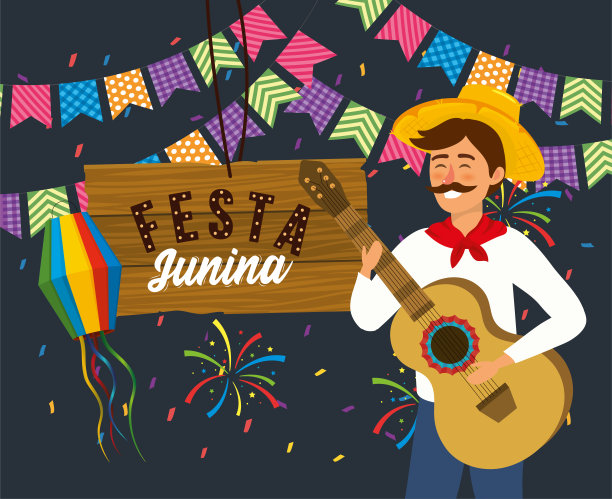 拿着吉他的男人，带着烟花的彩旗图片下载