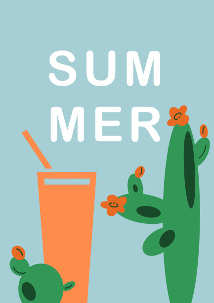 手绘插图蓝色背景与墨西哥仙人掌和饮料在平面卡通风格。图片下载