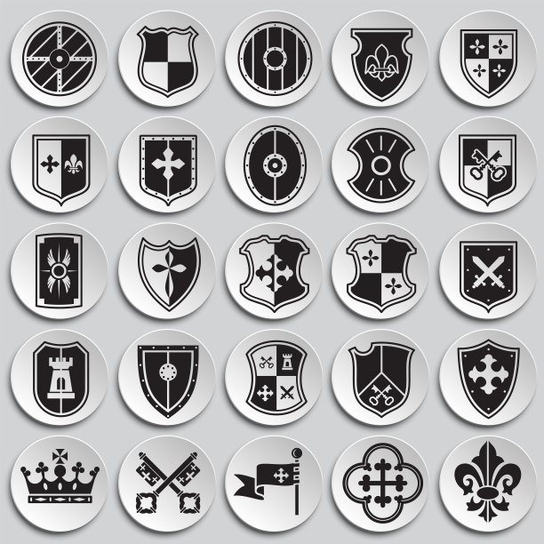 盾牌和纹章相关的图标设置在图形和网页设计的板块背景。简单的向量符号。互联网概念符号，网站按钮或移动应用程序。图片下载