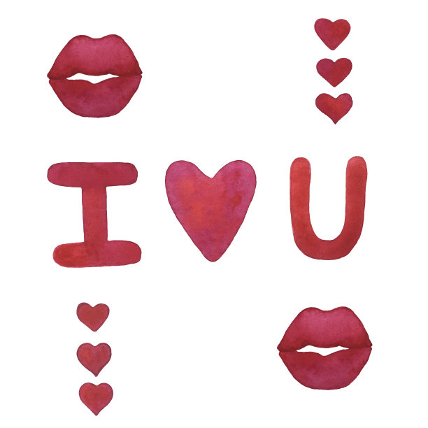 手绘水彩红色的心，嘴唇和字母图片下载